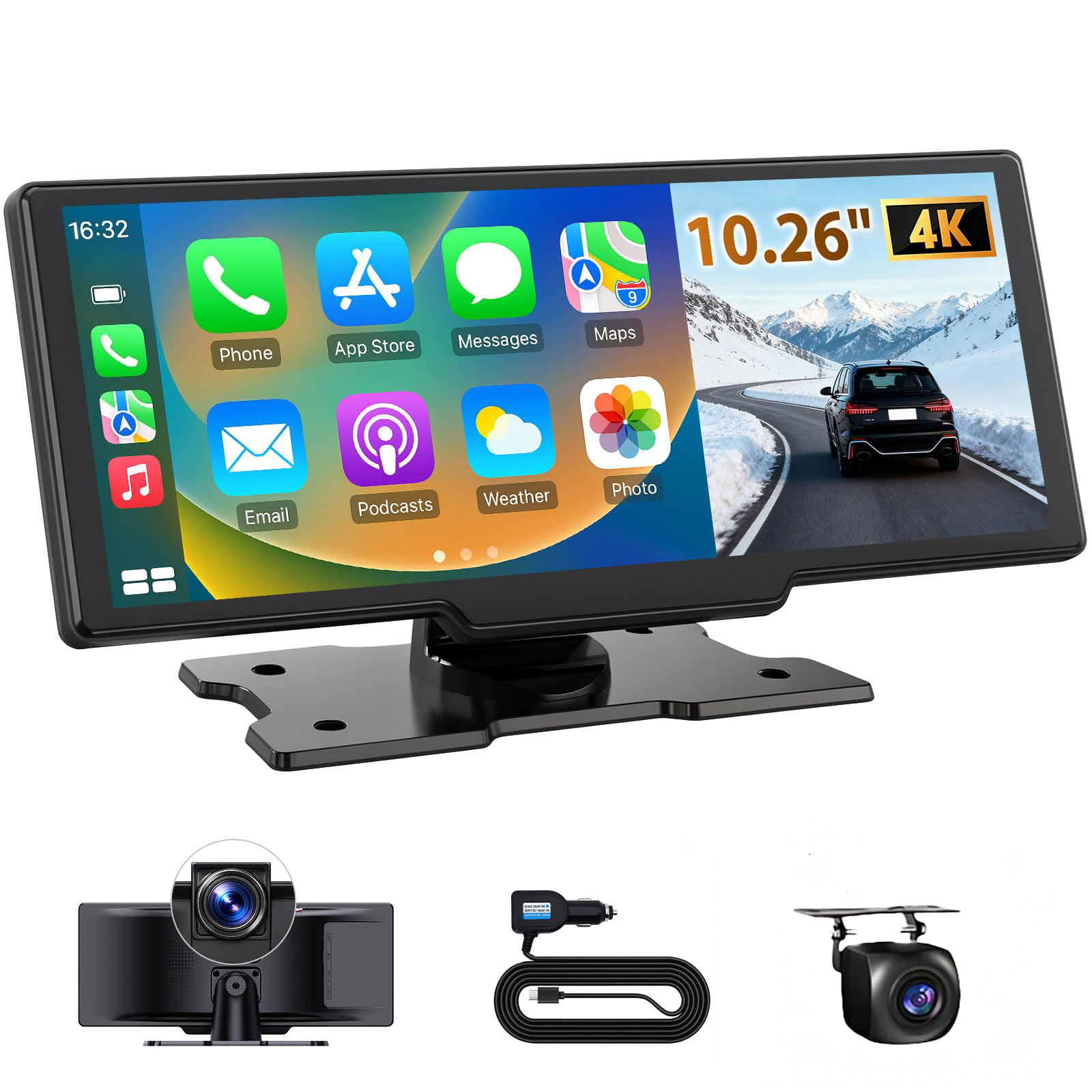 TEMU Écran tactile portable Carplay pour voiture 4K de 10,26 pouces, avec caméras et arrière, enregistrement 64 Go, écran de voiture, écran tactile