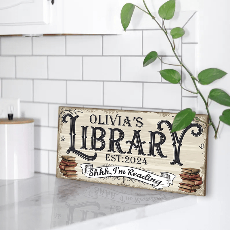 

Room Decor 1pc Personalized Aluminum Library Sign, Custom Name & Text, 6x12 Inch, Bookshelf Decor, Reading Nook Sign, Gift, Home Library Wall Plaque