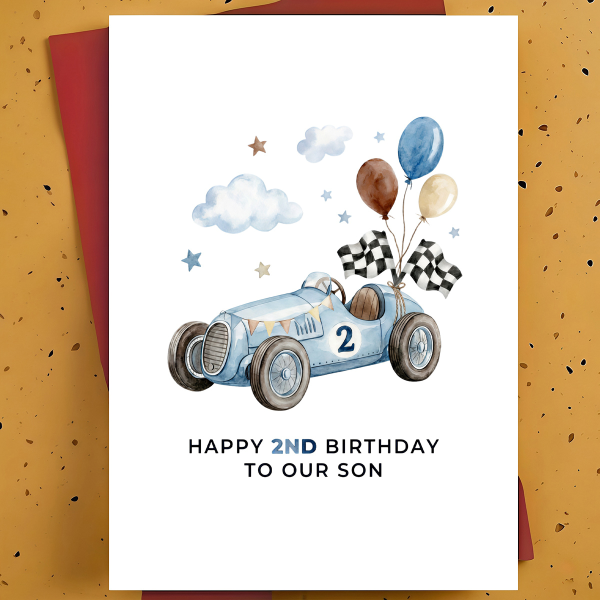 TEMU 1pc 2nd Birthday Greeting Card For Son, Grandson, Nephew â Vintage Race Car With Balloons & Clouds Watercolor Hand-drawn, , With Envelope