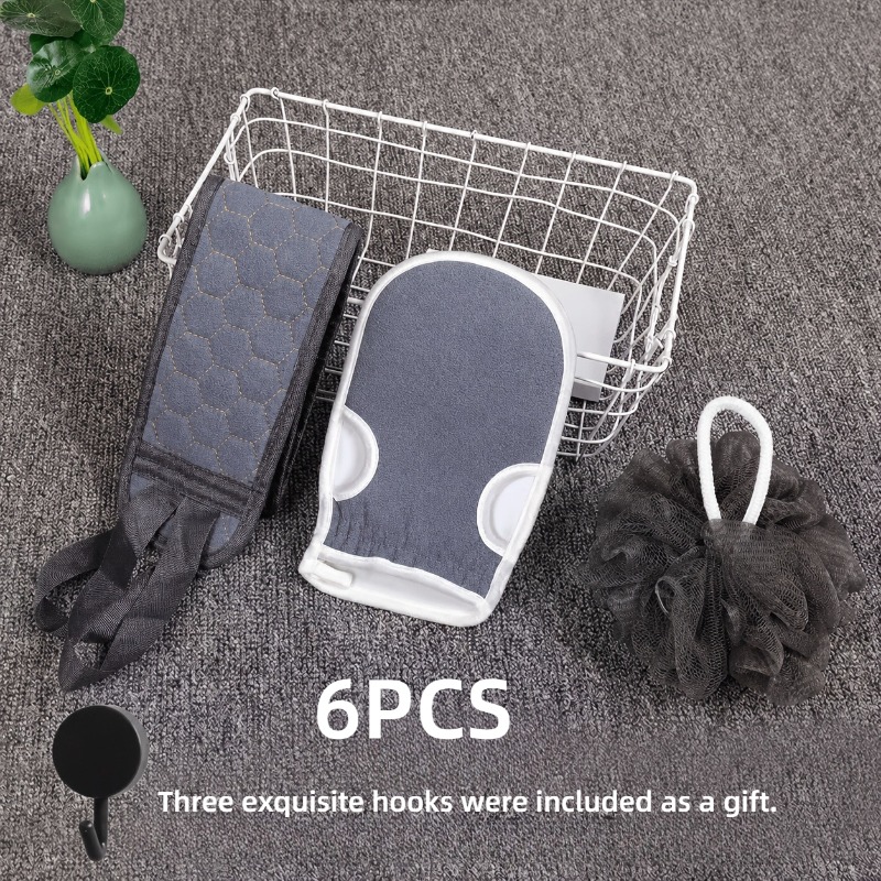 TEMU Lot de 6 pièces : Gant de puissant pour le dos avec long manche et crochet, gant de pour , combo boule de luffa, de bain , éponge de bain -