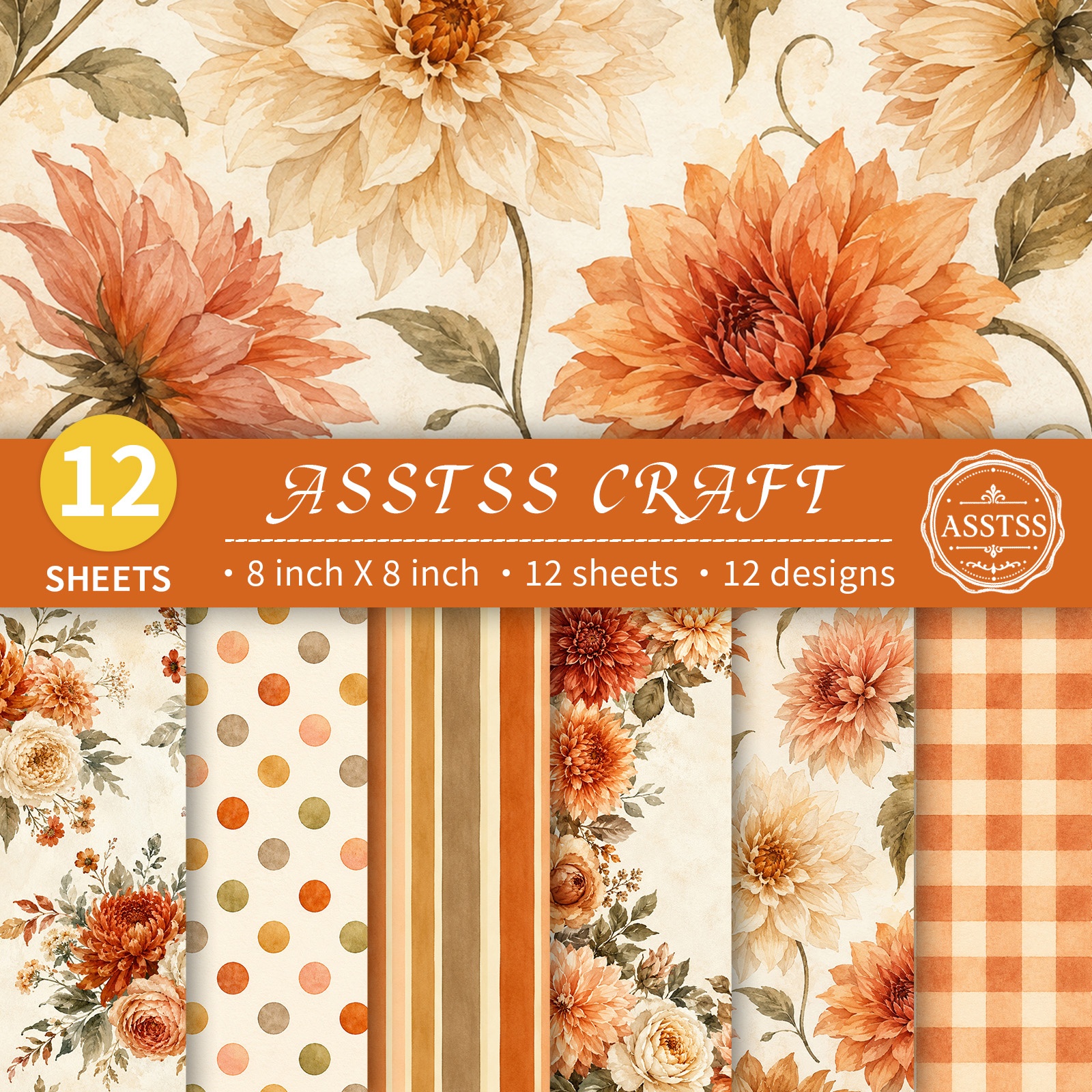 TEMU 12-sheet Asstss Heavyweight Scrapbooking Paper Pad Suitable For Journaling, Collage Art & Crafts - Autumn Floral Vintage Fall Flowers With