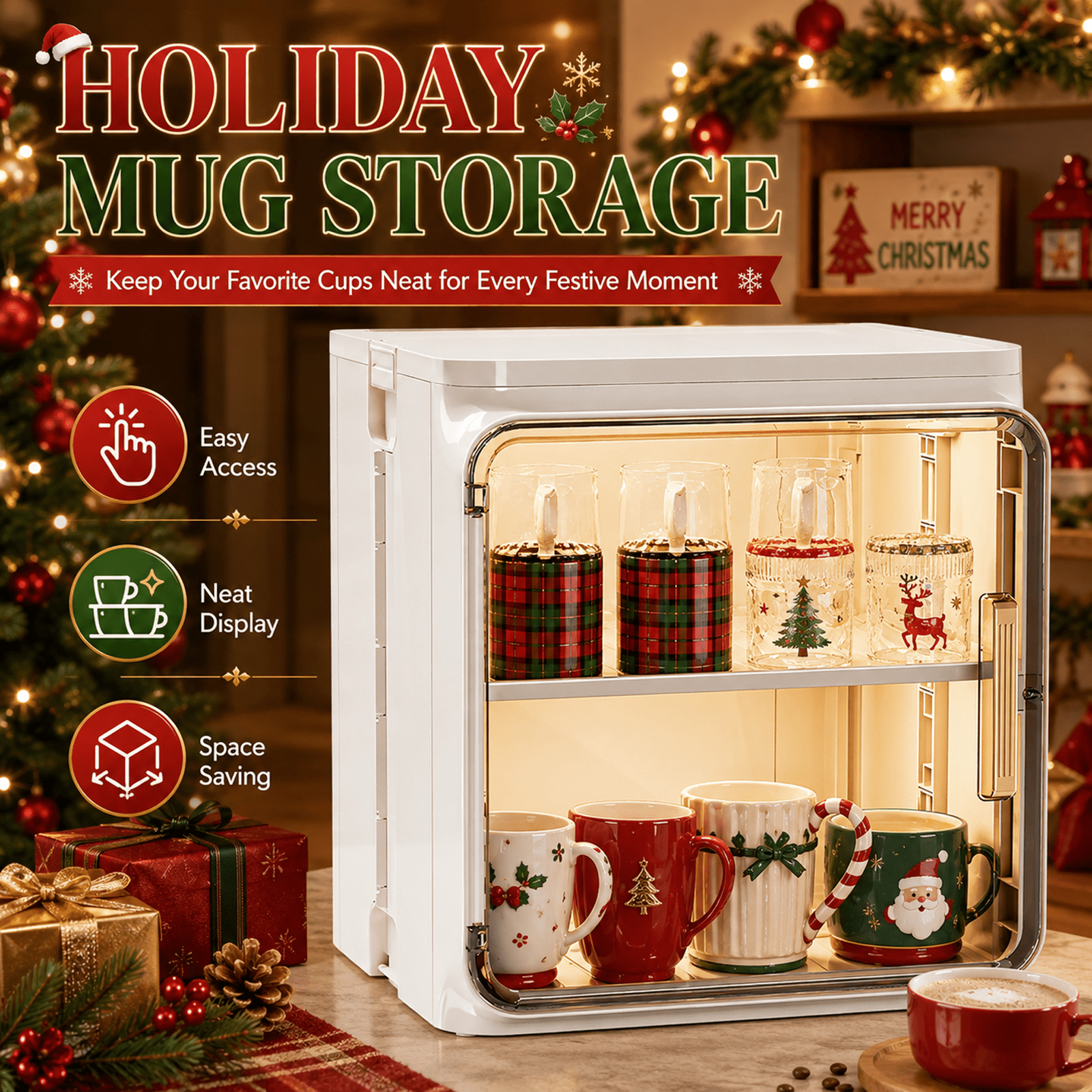 Image of Coffee Cup Holder Rack, Kitchen Cabinet With Clear Magnetic Door And Shelves, Small Cupboard Storage Organizer, Countertop Display Stand For Coffee Bar, Mugs, Cups, And Kitchen Utensils