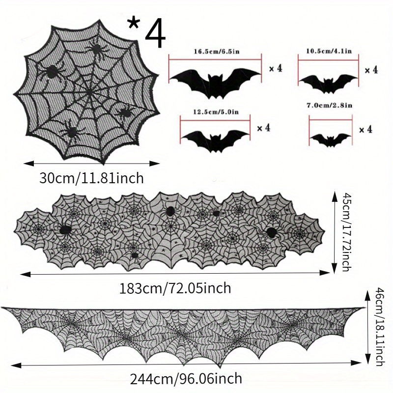 TEMU 22pcs Halloween Decorations Kit Black Lace Spiderweb Table Runner, Giant Cobweb Fireplace Scarf, 4pcs Round Table Mats With 16pcs Scary 3d Bats
