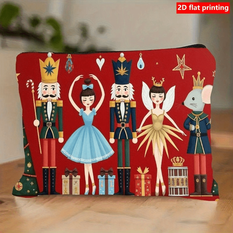 TEMU 1pc Ballerina & Blooming Nutcracker Soldier Makeup Bag - Red & Golden Christmas Zipper Closure Travel Organizer, Lightweight Suitable For Women
