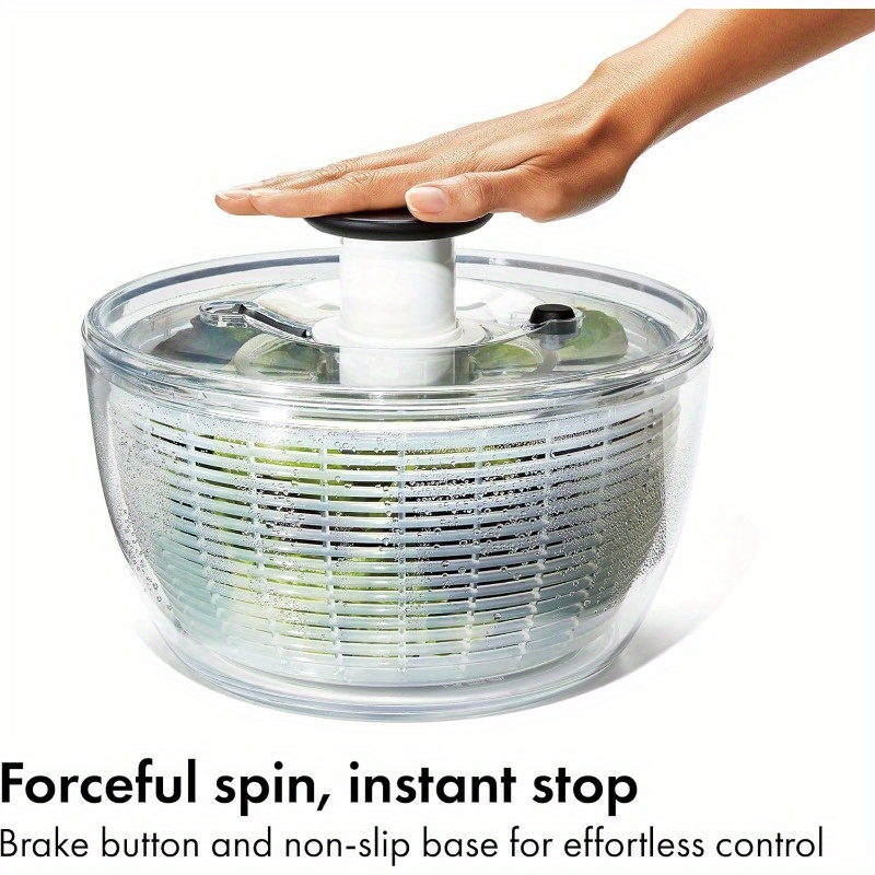 high   fast spin salad spinner fruit washer lettice washer with one handed lever system heavy duty plastic construction non slip base   space saving   for home kitchen dishwasher safe easy to clean durable stable for   vegetables fruits herbs lettuce   kale ideal for small kitchens with ergonomic handle   drying salad washer spinner large salad spinner with lid with push button Product details 1