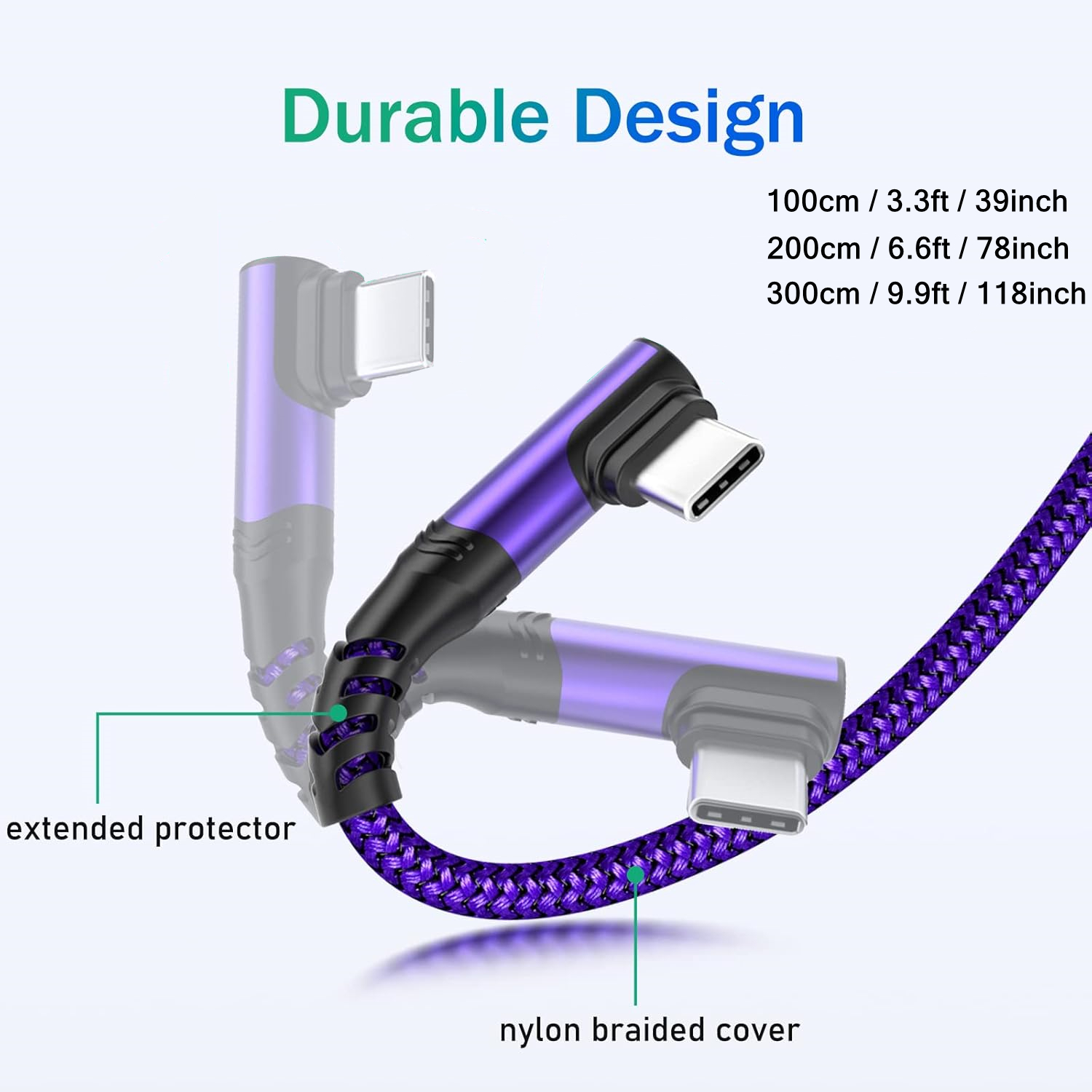 Cargador Tipo C de 3 piezas, Carga Rápida, Cable USB A a USB C en Ángulo Recto, Cable Cargador USB C Trenzado para iPhone 17/16/15 Series, Samsung, Huawei, Xiaomi, Redmi, Oppo, Oneplus y Más Smartphones 3.3Ft/6.6Ft/9.9Ft