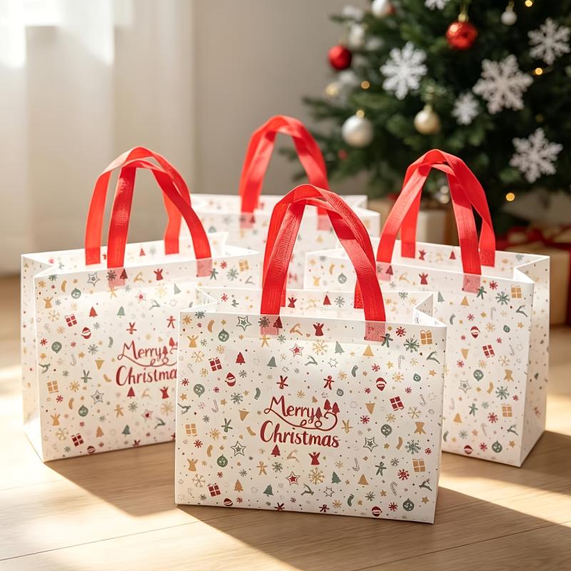 TEMU 4pcs Christmas Handbags With Handles, Santa Reindeer Bell Pattern Reusable Gift Bags, Shopping Bags, Non-woven Bags, Party Gift Bags, Holiday