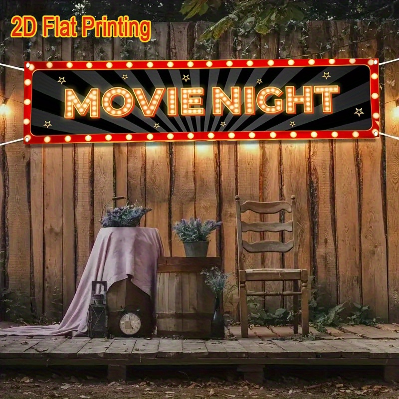 TEMU 2d Flat, 2d Flat 1pc, Movie Night Fence Banner Sign, Cinema Theme Background Decoration Courtyard Banner Flag, No Electricity Required, Outdoor