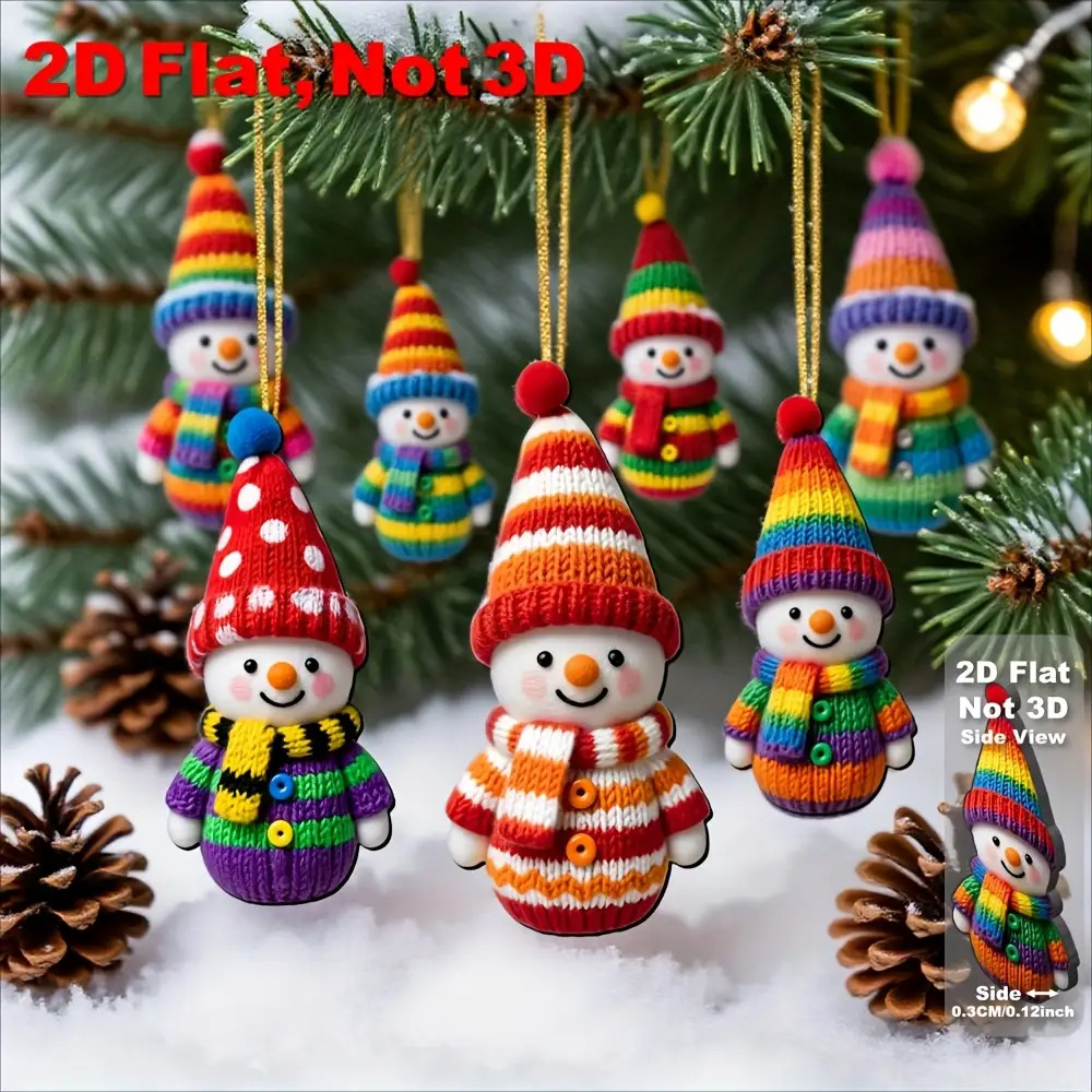 TEMU 16-pack Random Color 2d Flat Color Snowman Wooden Pendant - 3.15 Inch Wood Top Decoration, Rainbow Colored Hairball Hat Pendant, Suitable For