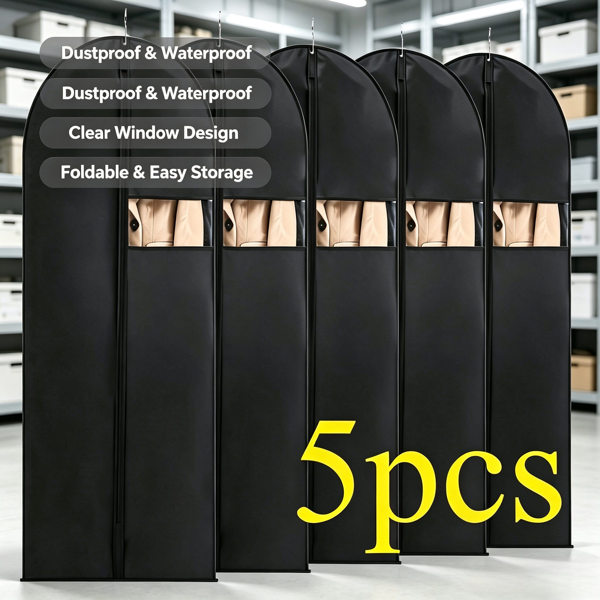 Image of 5 Pack Clear Hanging Garment Bags With Zipper & Hanging Hooks, Dust & Moisture Proof Long Clothes Protector Covers For Wedding Dress Travel Closet Storage