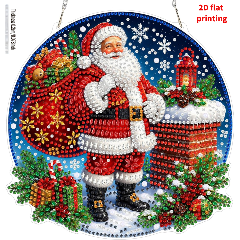 TEMU 2d Flat Printing Christmas Diamond Painting Pendant, Santa Claus Winter Scenery, 5d Diy Window Scene Diamond Painting Kit, Light Catching Craft
