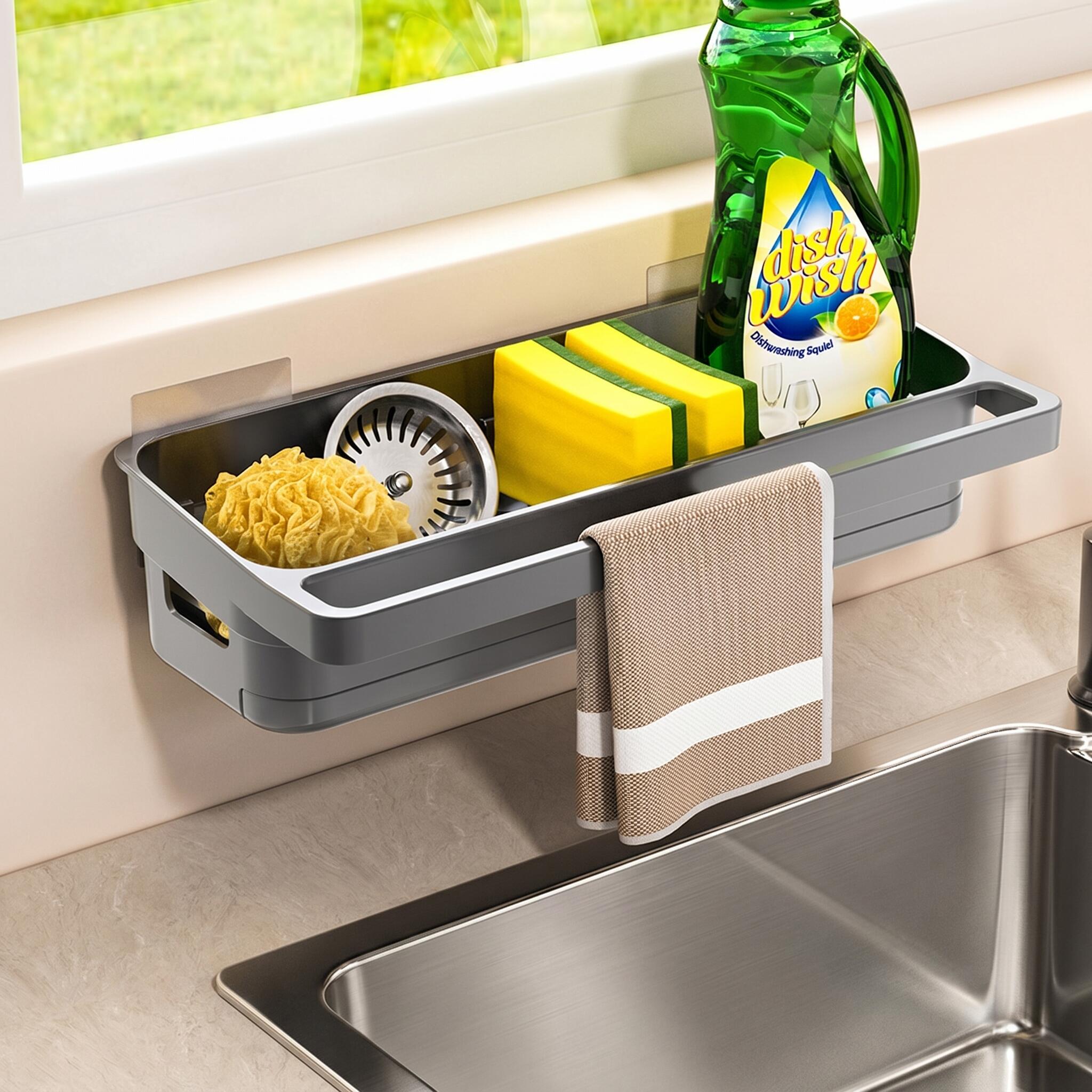 TEMU Porte-éponge de rangement pour évier de cuisine avec bac d'égouttage amovible, support de robinet pour flacon pulvérisateur, liquide vaisselle,