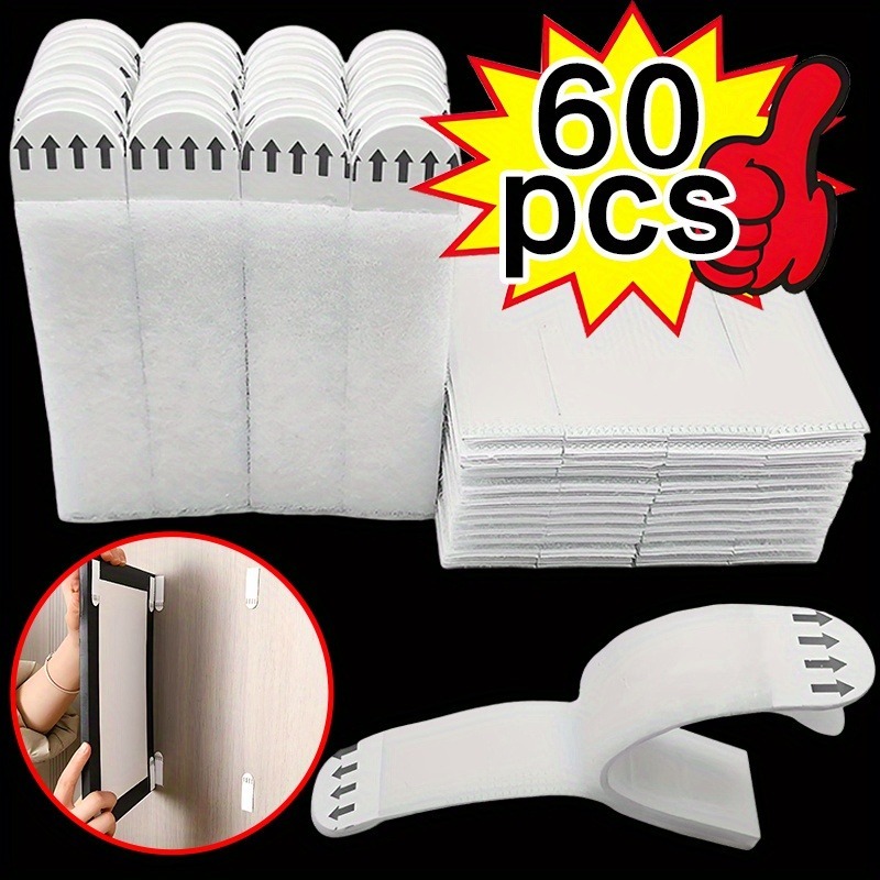 TEMU 60pcs Heavy-duty Adhesive Wall Hooks Suitable For Photo Frames, Picture Hanging, No Drill Installation With Invisible Hook & Loop Fasteners -