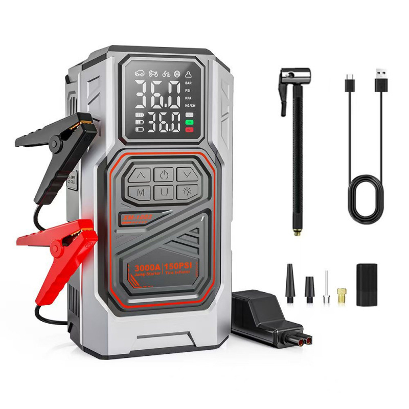 TEMU Portable Car Air Pump And Emergency Jump Starter -one - Wireless Electric Tire Inflator With Pressure Gauge For Automotive Use