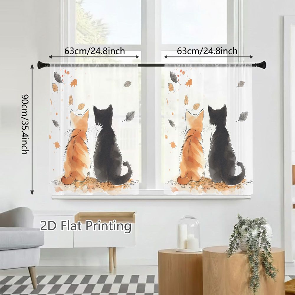 TEMU 2d Flat - 2d Flat - Two-piece Sheer Curtains For Spring And Summer, Featuring A Soft Watercolor Design Of An Orange Tabby And A Black Cat ,
