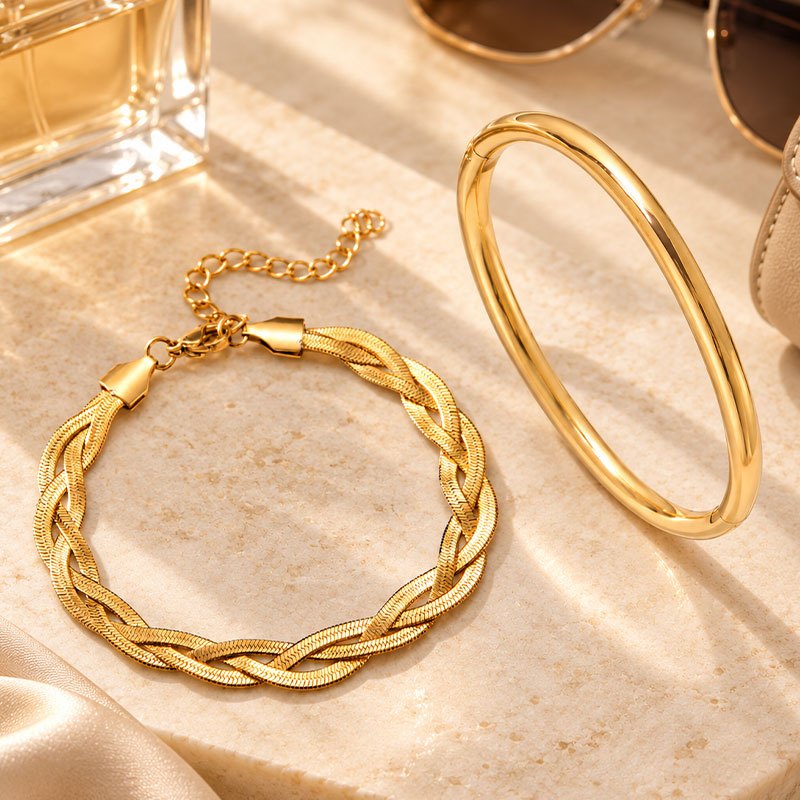2pc Women's Stainless Steel Braided & Solid Bracelet Set