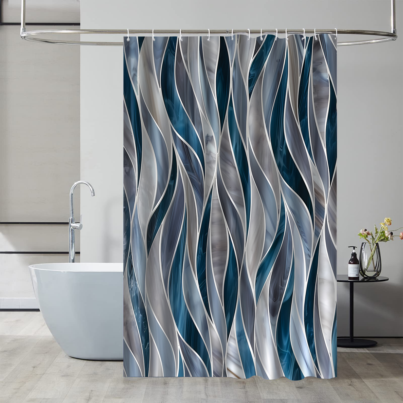 Striped Pattern Printed Shower Curtain with Hooks