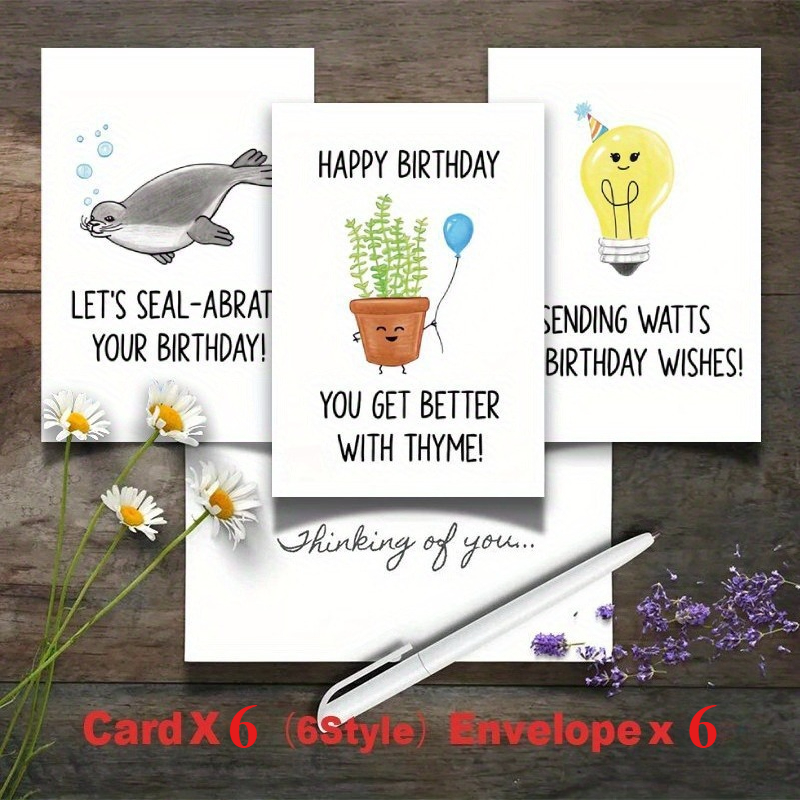 Image of 12 Humorous Birthday Cards Featuring Hand-drawn Designs And Puns, Complete With Envelopes, Suitable For Family, , And Colleagues