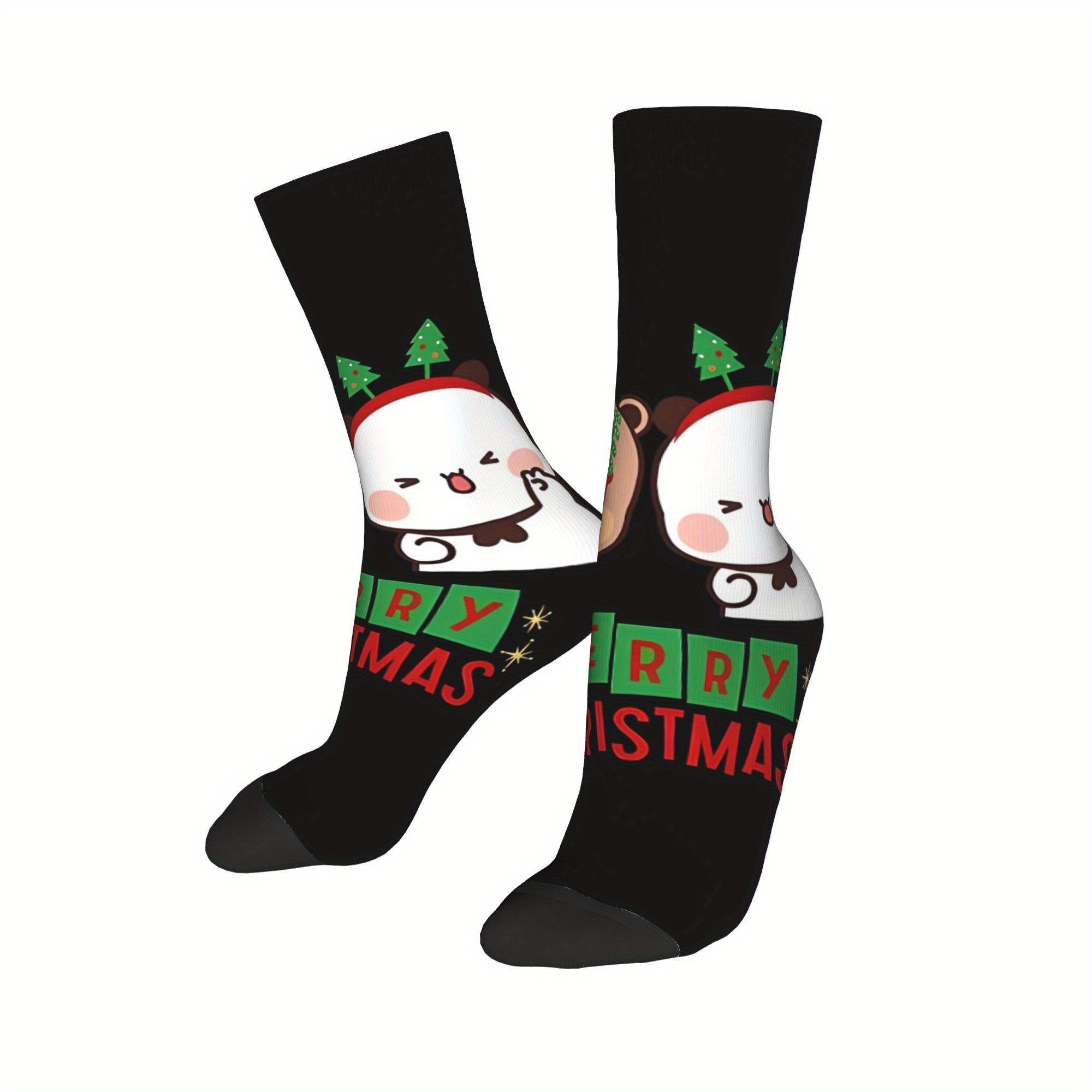 TEMU 1 Pair Merry Christmas From Dudu Bear And Panda Retro Harajuku Hip Hop Novelty Pattern Crew Crazy Sock, Fun Celebration, Festive Wear, Print,