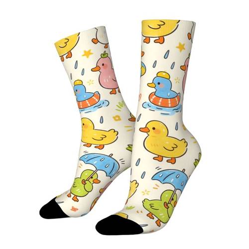 a pair of unisex spring summer outdoor socks with cute cartoon duck patterns featuring bright and machine washable suitable for outdoor sports enthusiasts comfortable breathable stylish and daily wear