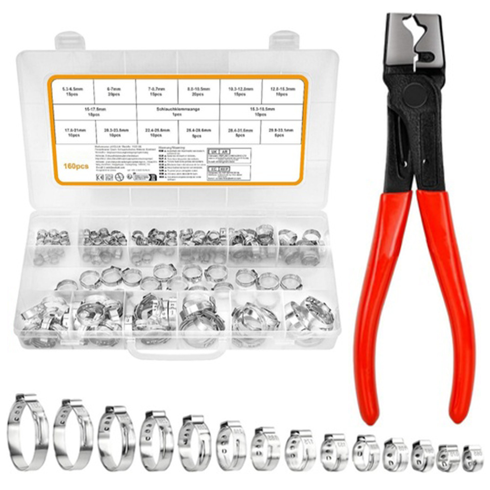 Image of 160pcs Clamps And 1pc Pliers Single-ear Hose Clamps Stainless Steel With Hose Clamp Pliers, 15 Sizes (5.3-33.1mm) Hose Clamps