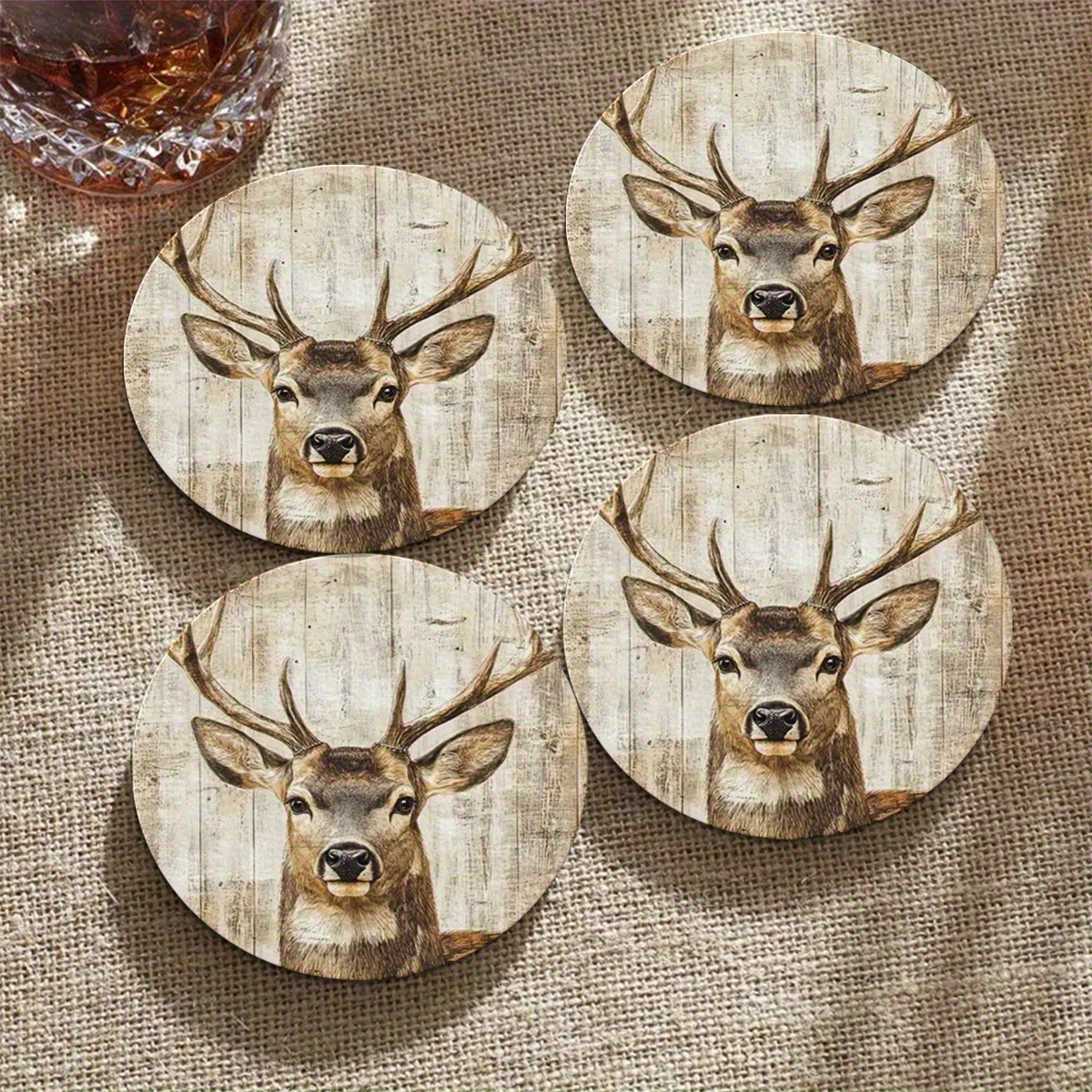 TEMU Set Of 4 Round Wooden Coasters Featuring A Deer - Heat-resistant, Non-slip, Table Mats, Perfect For Rustic Home, Office, Or Bar Decor, Suitable