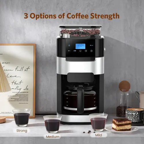 10 cups drip coffee machine 8 grind settings drip coffee maker with 3 options of coffee strength 24 hours programmable advance brew with coffee pot for office home kitchen black