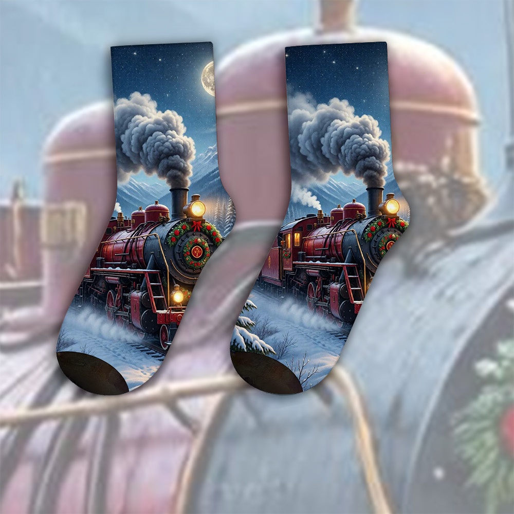 TEMU A Unique Pair Of Socks Designed With Vintage Steam Train In Snowy Mountains For Women And Men, Sock | Ideal For Party Costume, Gifts, Daily Wear