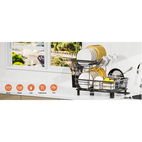 1 2 tier dish drying rack multifunctional dish rack kitchen counter stainless steel dish drainer with utensil holder cup holder dishes knives spoons forks black Product details 1
