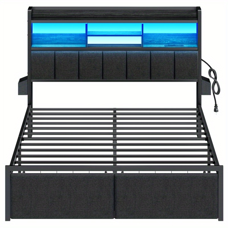 TEMU Furnulem Queen Bed Frame With Wood Headboard And Storage Shelf, Metal Platform Bed Frame Queen Size With Storage Drawers, Led Lights And Charging Station, Spring Needed, , Black