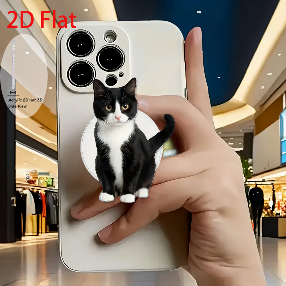 TEMU A Stylish And Adorable Black And White Cat Design On A 2d Flat Acrylic Retractable Phone Holder, Perfect For Popping Up Device