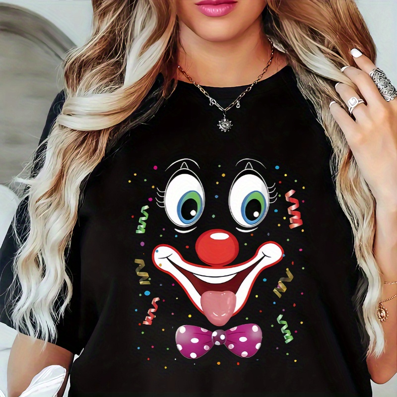 

Plus Size Women's Casual T-shirt With Clown Face Print - Comfy, Loose Fit, Short Sleeve, Round Neck, Stretchy Polyester , Machine Washable - Spring/summer, Clothing | Clown Design | Fabric