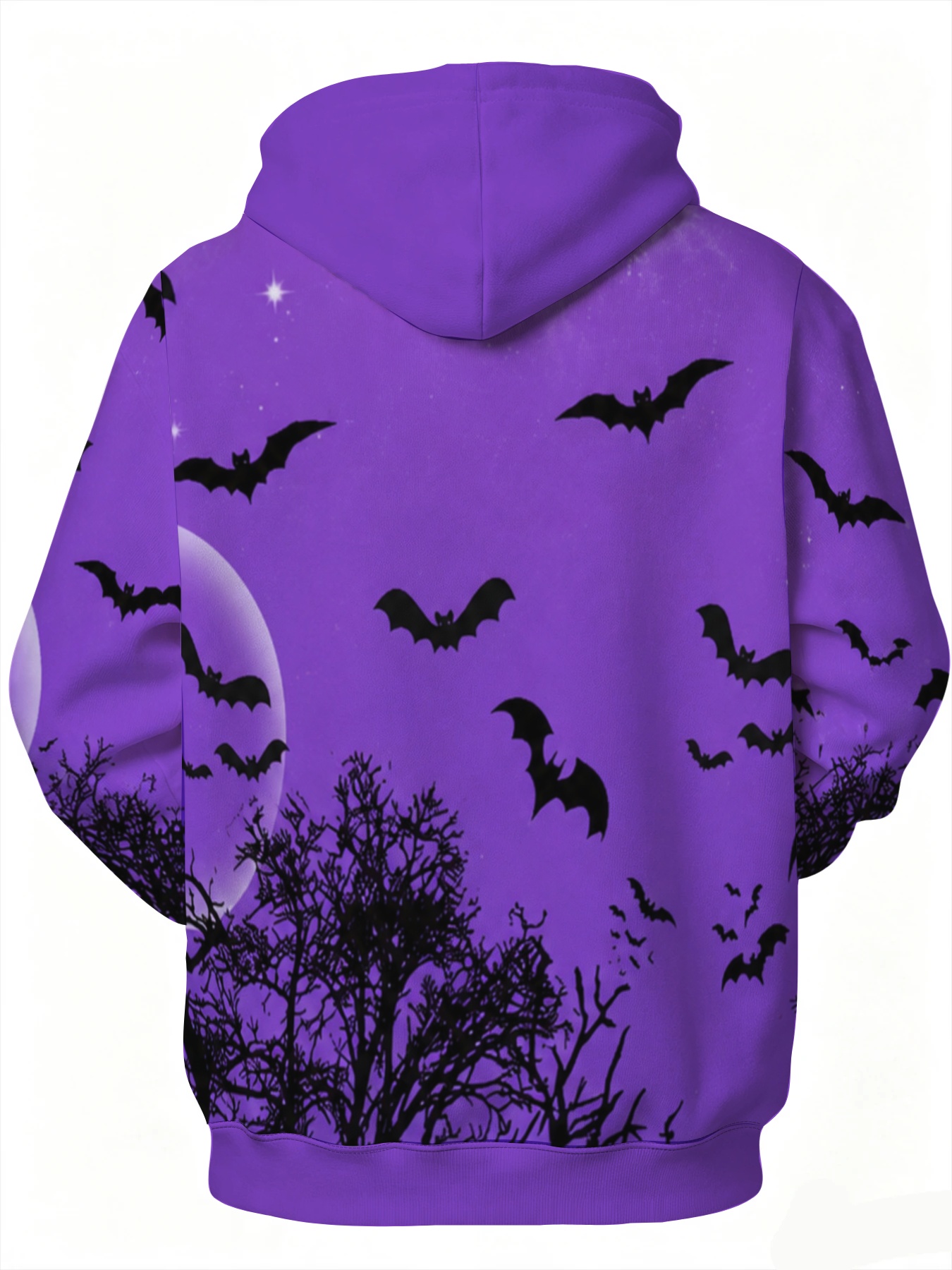 sweat à capuche pour homme sur le thème dhalloween, base violette avec chauve-souris, arbre nu et motif de nuit éclairée par  , pull décontracté, haut   et confortable pour une utilisation   en extérieur