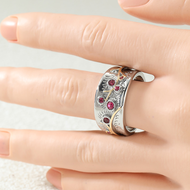 Women's Vintage Two-Tone Engraved Wide-Band Ring Set with Red Zirconia