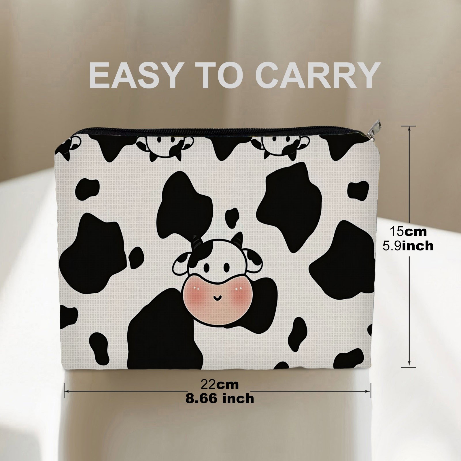 TEMU Cartoon Cow Print Makeup Bag, Double-sided Cute , Durable Polyester Cosmetic Pouch Measuring 5.9in X 8.66in, Ideal For Storing Skincare And