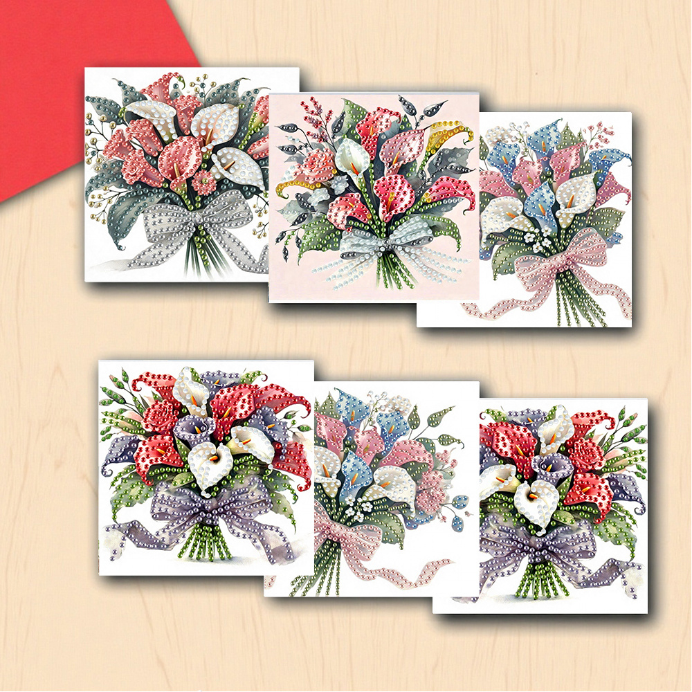 TEMU 6 stuks Unieke en Creatieve Cartoon Bloem Boeket Thema Verjaardagskaarten, Diamant Kunst Ontwerp. Ronde Strass Schilderij Kaart Handgemaakte