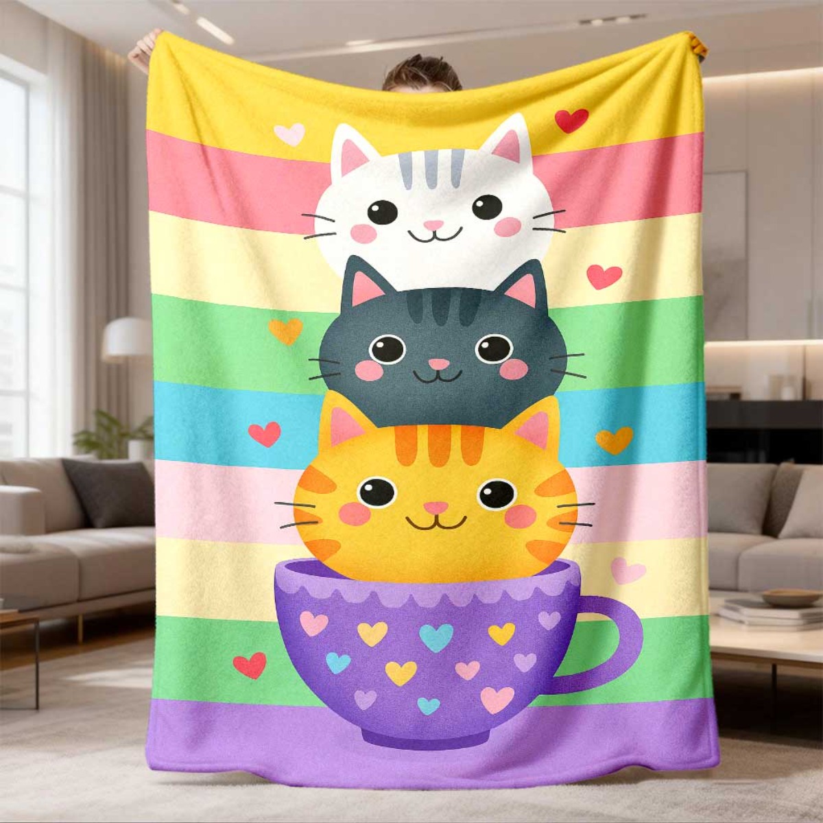 Manta de franela más reciente de 2026, 1 pieza, acogedora con estampado de gato de dibujos animados - Manta suave y cálida para toda estación con diseño de gatitos fantasiosos en tazas, rayas y corazones multicolores, ligera de 250-300 gsm para sofá, cama, coche, oficina, cámper