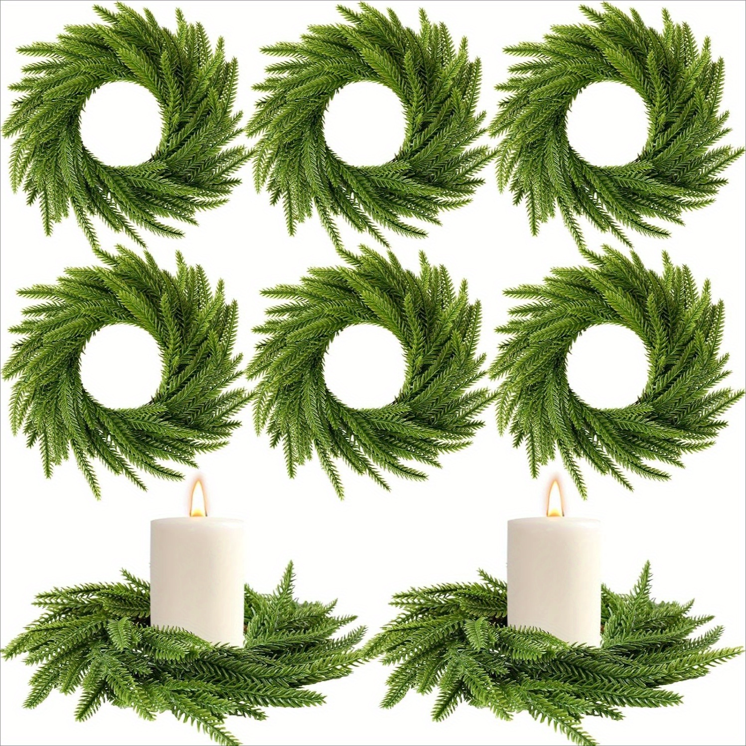 TEMU Set Of 6 Norfolk Pine Wreath Candle Rings With An Outer Diameter Of 10 Inches, Designed As Artificial Pillars For Wedding Decor, Perfect For