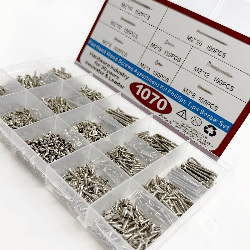TEMU Kit d'assortiment de 1070 vis auto-taraudeuses filetage M2, jeu de vis à clou fileté, kit d'assortiment de vis, écrou frein, clou fileté