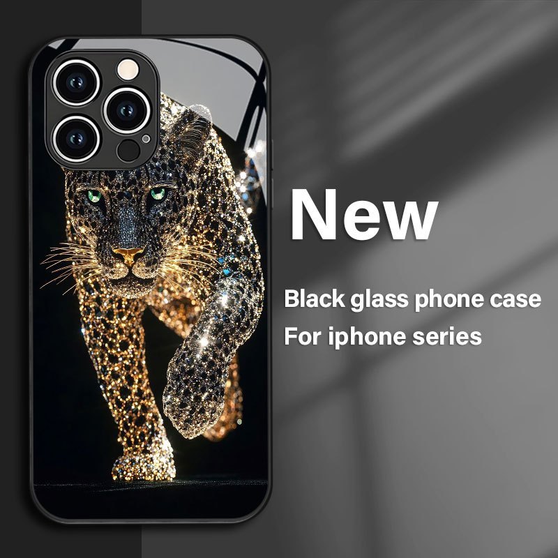 TEMU Phone Case - Creative High-end Diamond Leopard Print Glass Phone Case For Iphone17/17e/17air/17pro/17promax/16/16e/15/11pro