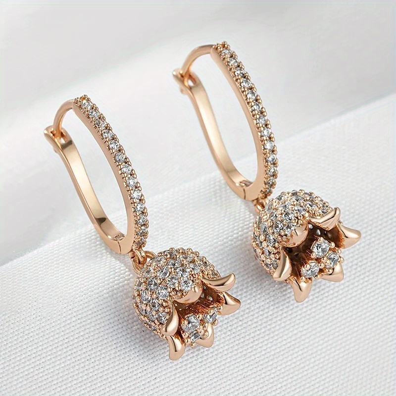 TEMU Women's Vintage Floral Jewelry - Rose Golden-tone Long Drop Earrings With Accents, Elegant Everyday & Formal Events, Valentine's Gift For Women,