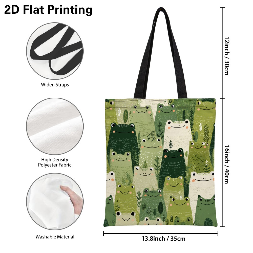 TEMU 1pc 2d Printed Smiling Green Frogs Theme Tote Bag - Versatile Reusable Grocery Bags, Lightweight Foldable Shoulder Bag With Fixed Strap For