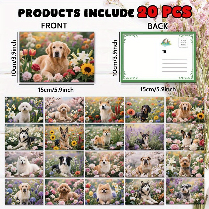 TEMU 20 cartes postales adorables sur le thème des chiens, avec des floraux et ludiques, parfaites pour toutes les occasions, un cadeau original pour