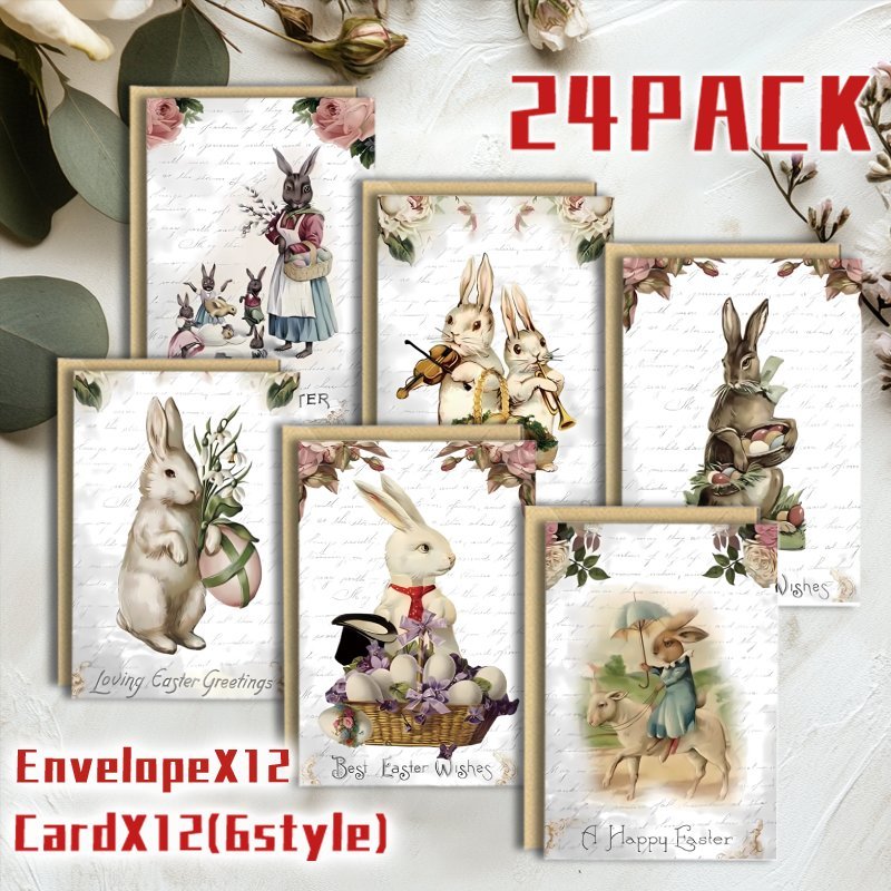 

24pcs Vintage Easter Bunny And Eggs Greeting Cards, Assorted Animal-themed Holiday Cards, Multi- Notecards For , With Envelopes For Christmas, Thanksgiving, Valentine's Day, And More