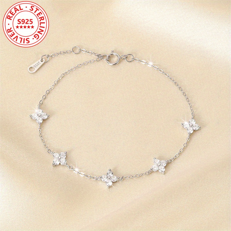Image of S925 Sterling Silver Thin -leaf Clover Multi-flower Bracelet Women's Fashion Easy Trendy Daily Wear Exquisite Additions, Silver Weight About 1.6 Grams