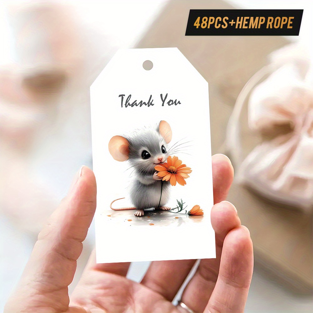 TEMU 48pcs Thank You Gift Tags With Hemp Rope - Adorable Mouse With Design, Floral Theme For Birthdays, Weddings, - Ideal For , Colleagues, Couples,