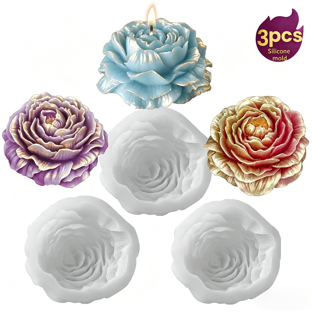TEMU 3pcs Peony Candle Molds, Suitable For Candle Making, Very Suitable For Aromatherapy Candles, Resin, Clay, Plaster And Other Crafts, Easy To