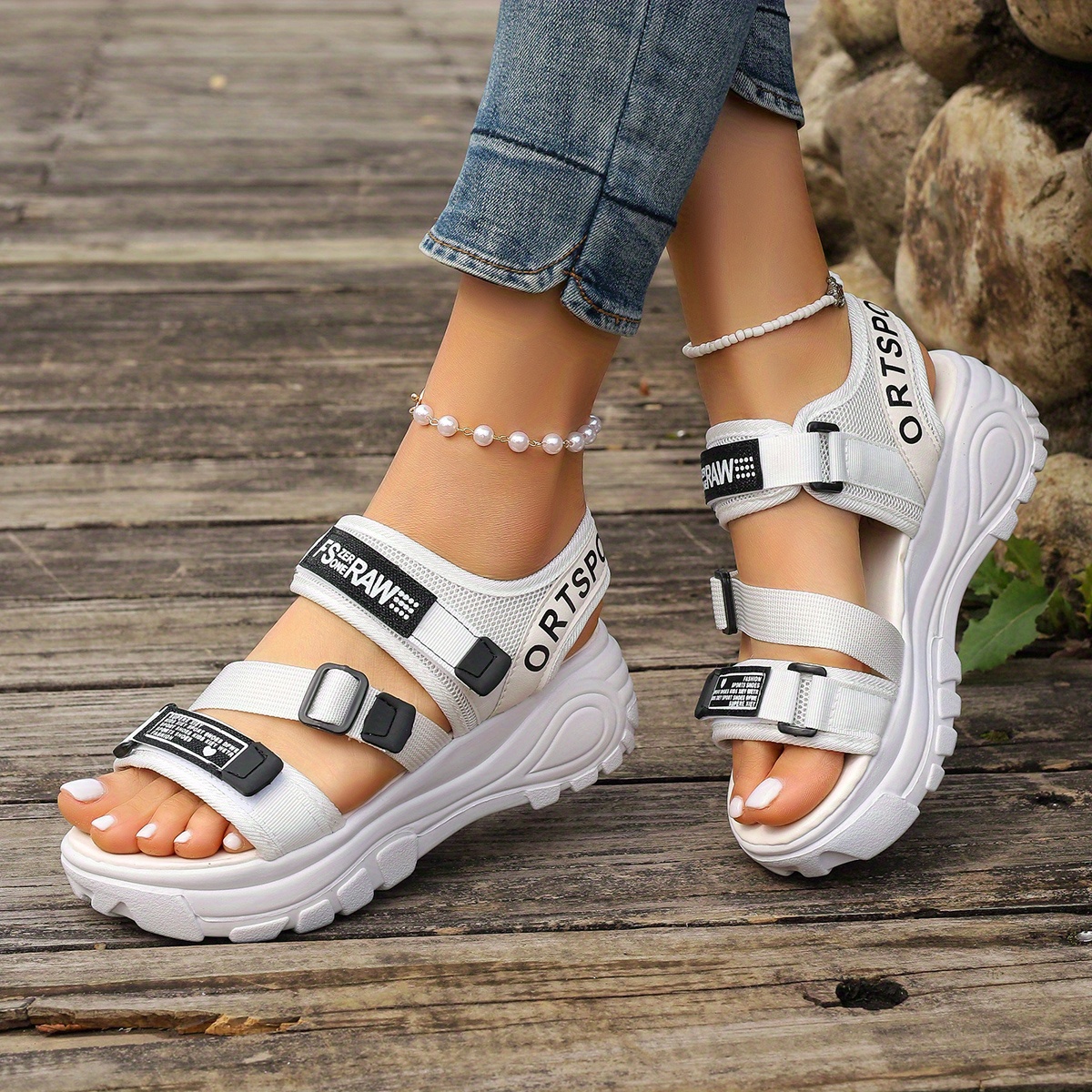 Women'S Comfortable Open-Toe Sandals with Thick Sole and Adjustable Straps - Stylish White Synthetic High Heels for Casual Wear, Strappy Sandals