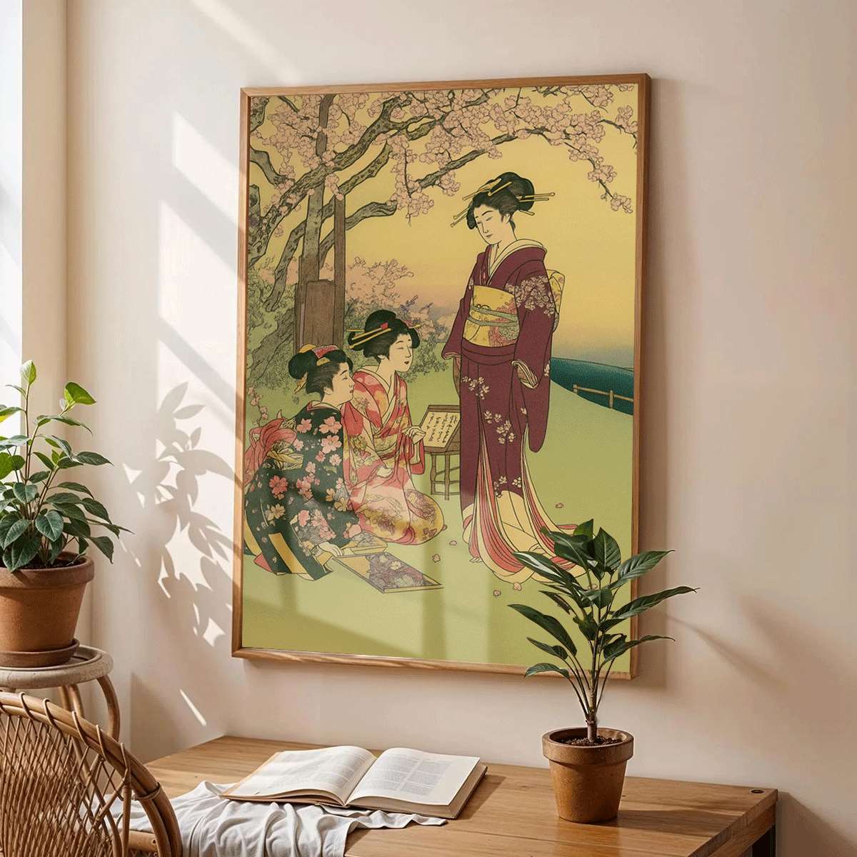 2d flach, 1 stück japanische geisha kimono poster -  es 2d flaches traditionelles japanisches kulturdekor, elegante frauenfigur im kimono, tusche auf leinwanddruck für wohnzimmer, schlafzimmer, büro - ungerahmt   als wohnungsdekoration geschenk, 2d flach