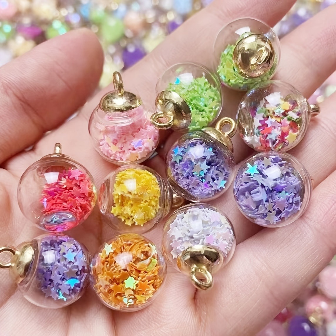 TEMU 20pcs Cuentas de vidrio con de estrella aleatorios, mini colgante esférico transparente con anillo de , adiciones de joyería hechas a para